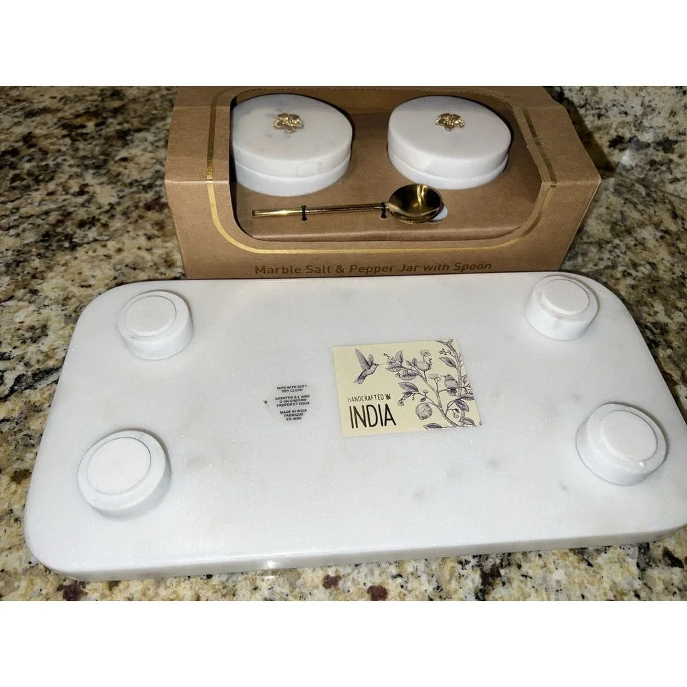 White Marble Salt And Pepper Cellar Set With Marble Base And Gold Spoon And Acce